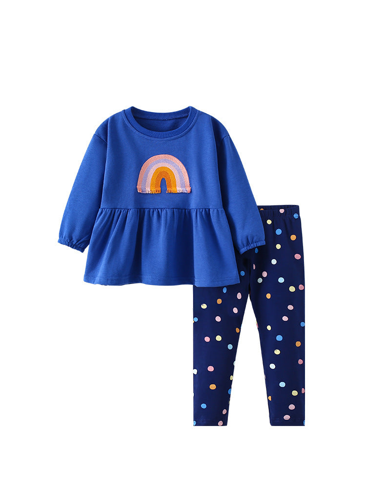 Rainbow embroidered blue long sleeved polka dot pants