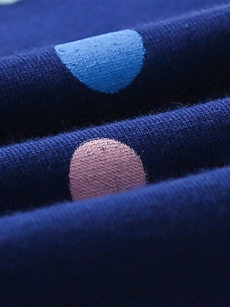 Rainbow embroidered blue long sleeved polka dot pants