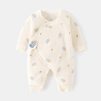 Baby bottle yellow side opening button romper