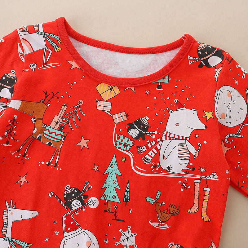 Cartoon reindeer long sleeved red dress with lines