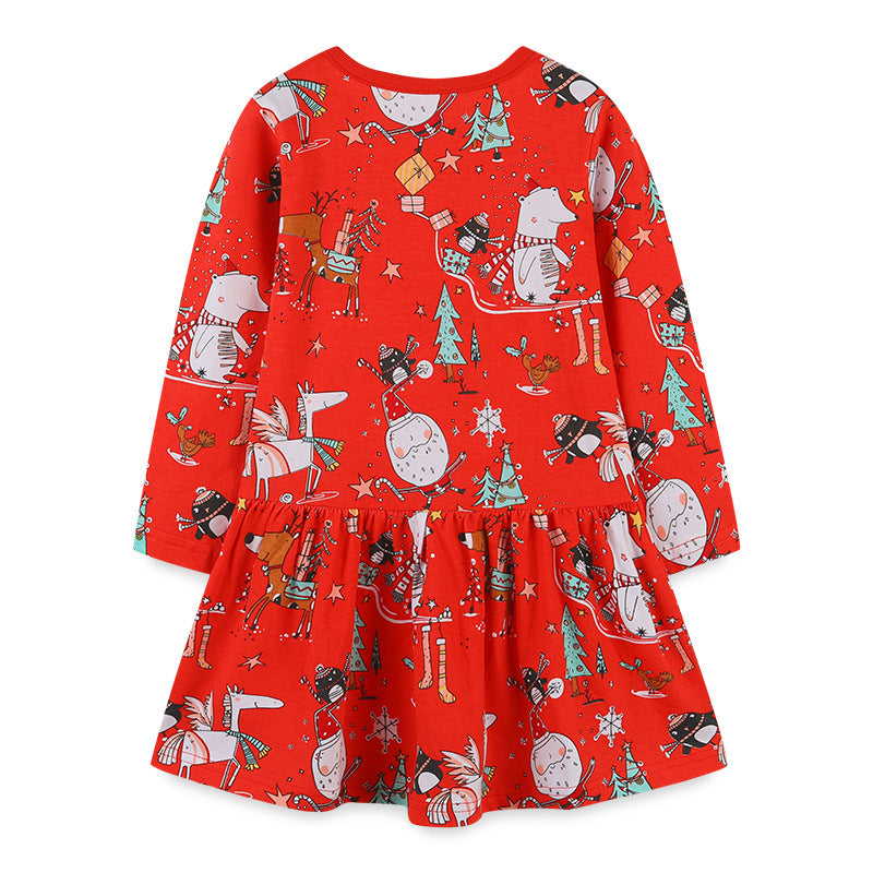 Cartoon reindeer long sleeved red dress with lines