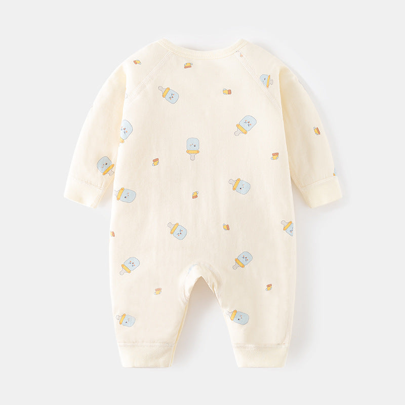 Baby bottle yellow side opening button romper