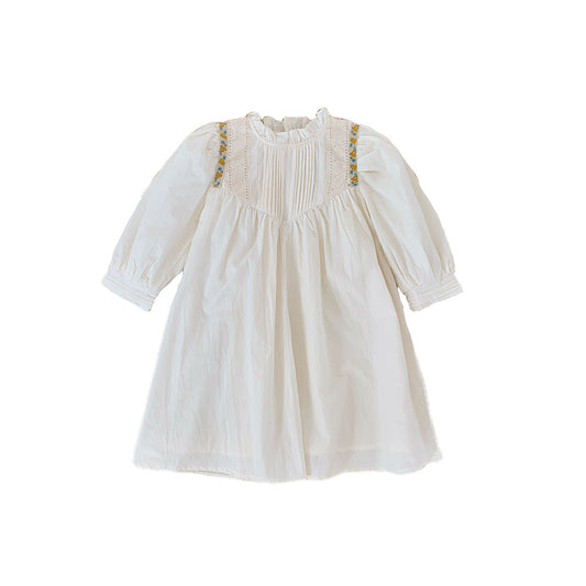 Pleated stand up collar embroidered girls' dress