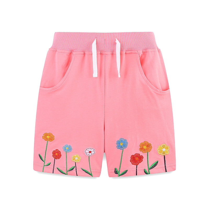 Pink small flower five quarter pants