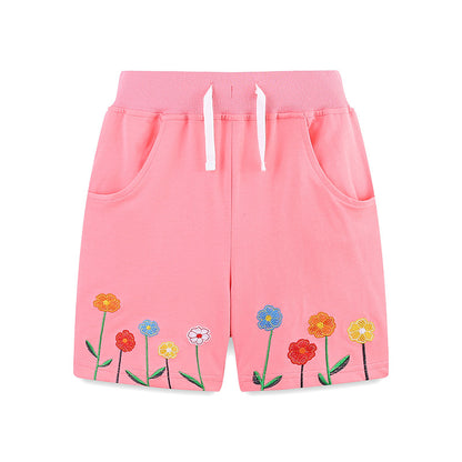 Pink small flower five quarter pants