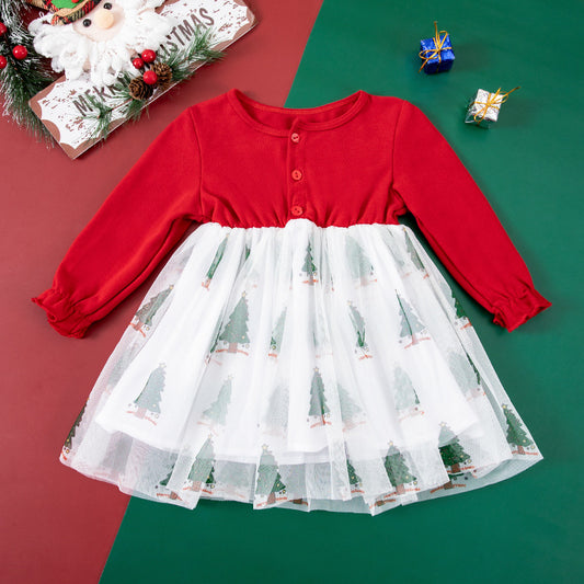 Red and green printed Christmas tree children's skirt