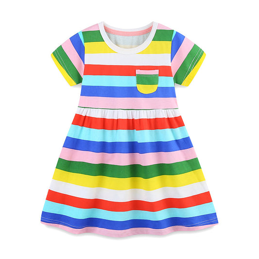 Striped rainbow short sleeved round neck skirt