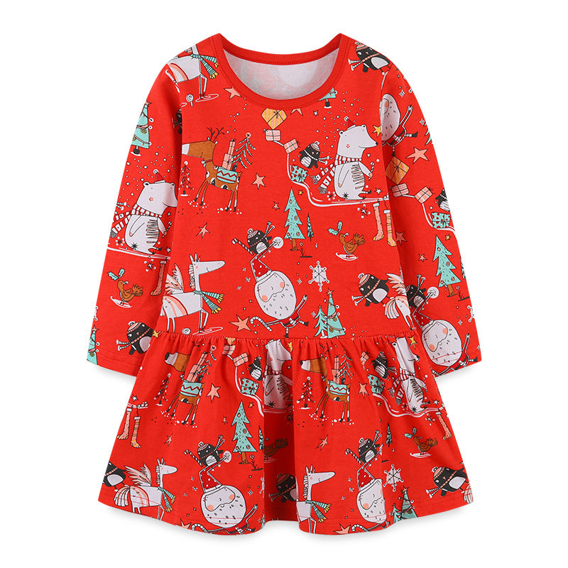 Cartoon reindeer long sleeved red dress with lines